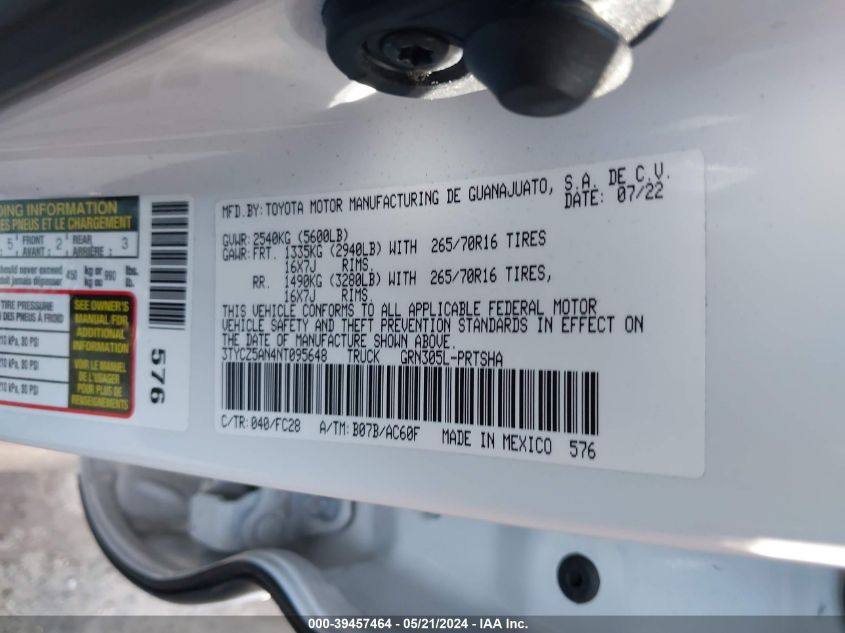 2022 Toyota Tacoma Sr5 V6 VIN: 3TYCZ5AN4NT095648 Lot: 39457464