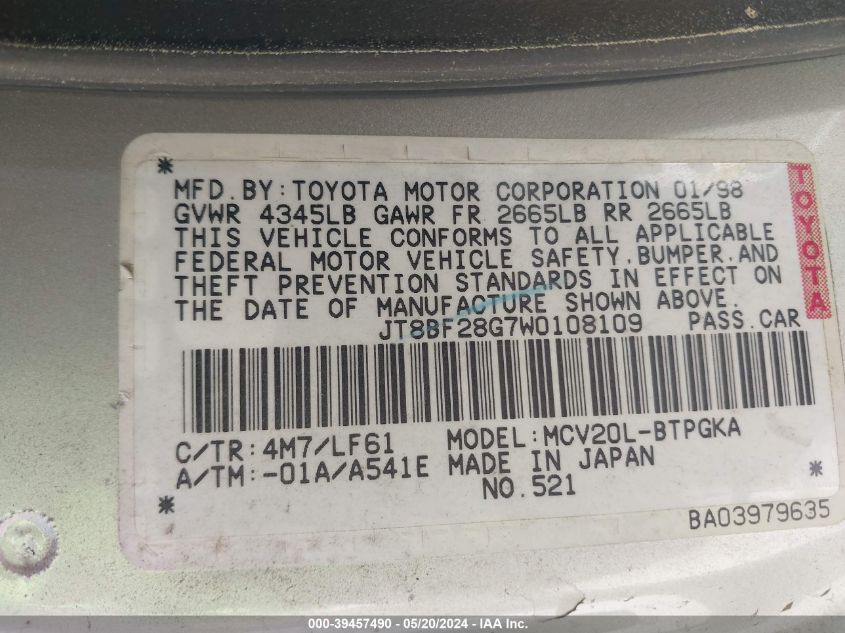 1998 Lexus Es 300 VIN: JT8BF28G7W0108109 Lot: 39457490