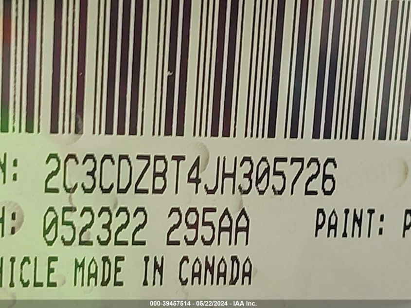 2018 Dodge Challenger R/T VIN: 2C3CDZBT4JH305726 Lot: 39457514