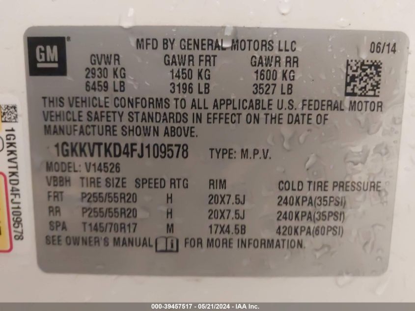 2015 GMC Acadia Denali VIN: 1GKKVTKD4FJ109578 Lot: 39457517