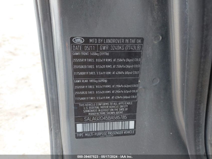 2011 Land Rover Lr4 VIN: SALAG2D45BA585785 Lot: 39457523