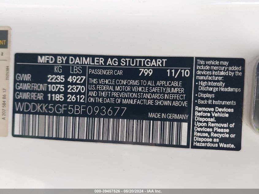 2011 Mercedes-Benz E 350 VIN: WDDKK5GF5BF093677 Lot: 39457526