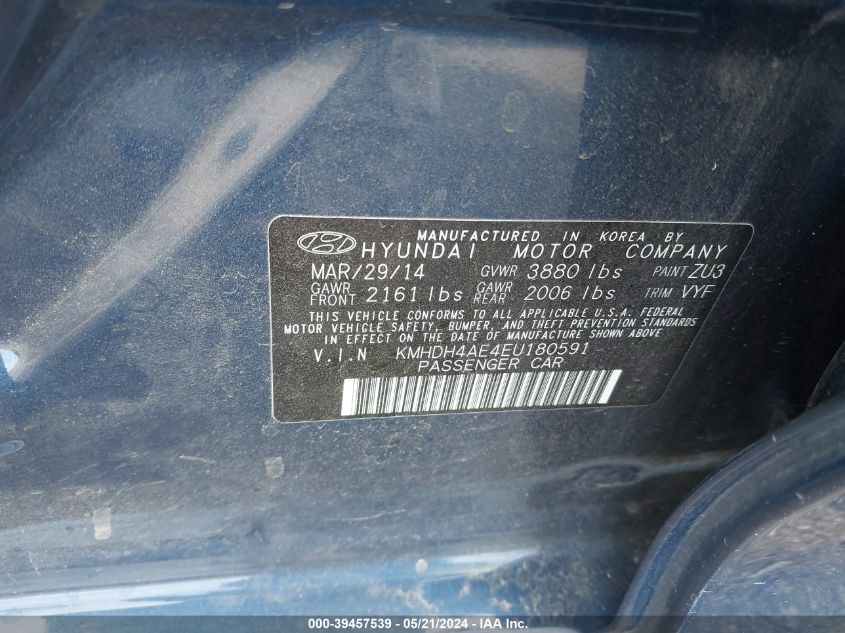 2014 Hyundai Elantra Se VIN: KMHDH4AE4EU180591 Lot: 39457539