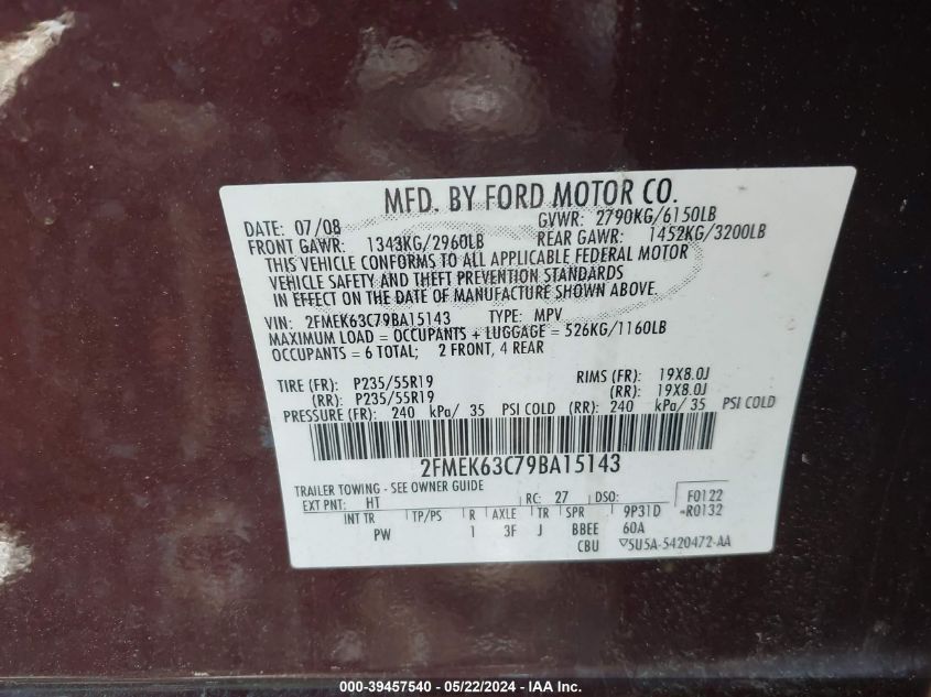 2009 Ford Flex Limited VIN: 2FMEK63C79BA15143 Lot: 39457540