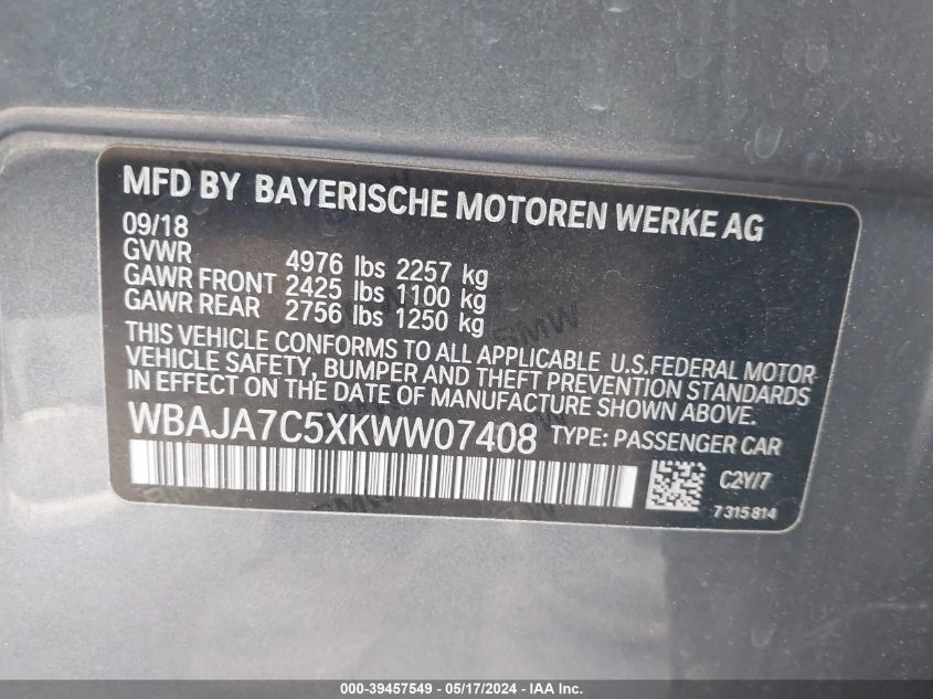 2019 BMW 530I xDrive VIN: WBAJA7C5XKWW07408 Lot: 39457549