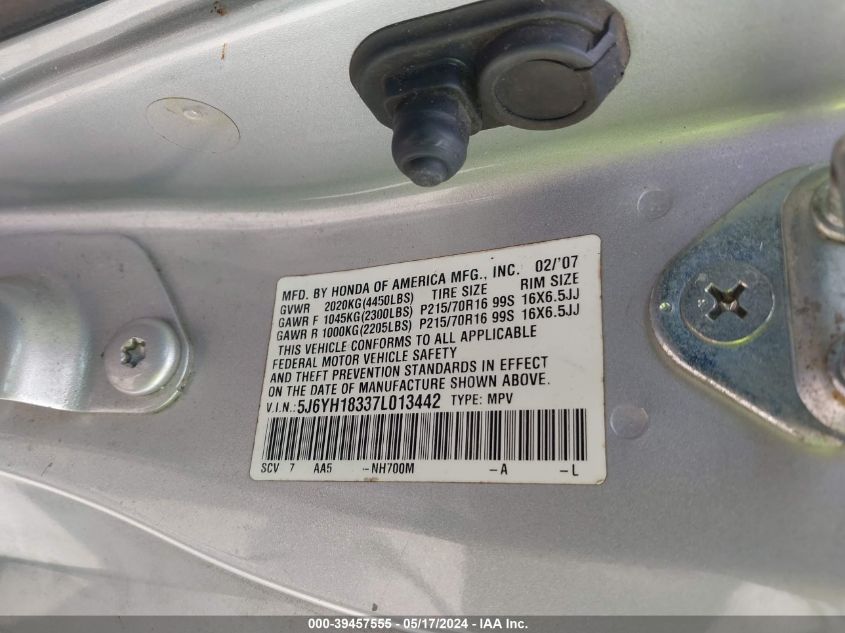 2007 Honda Element Lx VIN: 5J6YH18337L013442 Lot: 39457555