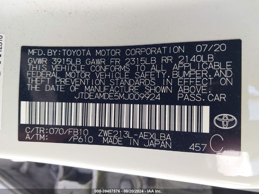 2021 Toyota Corolla Hybrid Le VIN: JTDEAMDE5MJ009924 Lot: 39457576