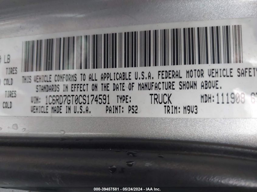2012 Ram 1500 Slt VIN: 1C6RD7GT0CS174591 Lot: 39457581