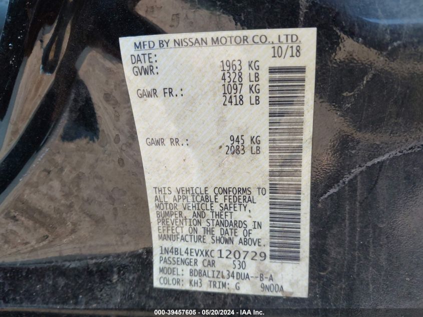 2019 NISSAN ALTIMA VIN: 1N4BL4EVXKC120729