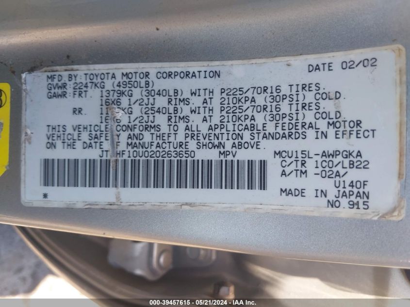 2002 Lexus Rx 300 VIN: JTJHF10U020263650 Lot: 39457615