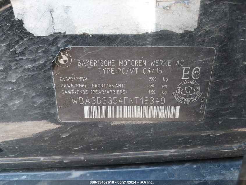 2015 BMW 328I xDrive VIN: WBA3B3G54FNT18349 Lot: 39457618