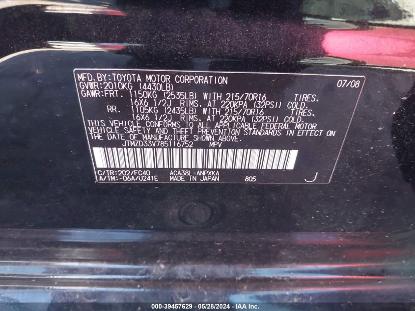 2008 Toyota Rav4 VIN: JTMZD33V785116752 Lot: 39457629