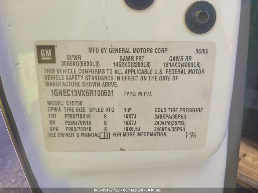 2006 Chevrolet Tahoe Ls VIN: 1GNEC13VX6R100631 Lot: 39457722
