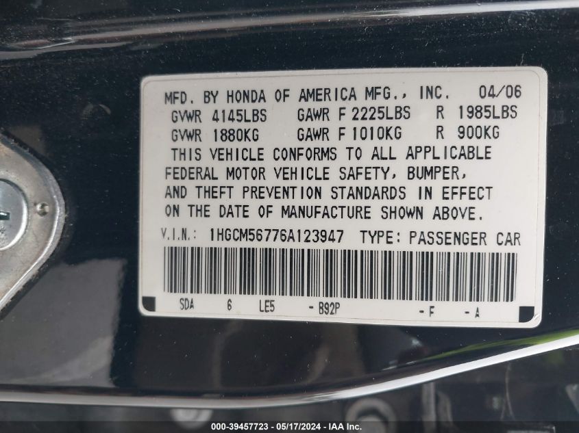 2006 Honda Accord 2.4 Ex VIN: 1HGCM56776A123947 Lot: 39457723