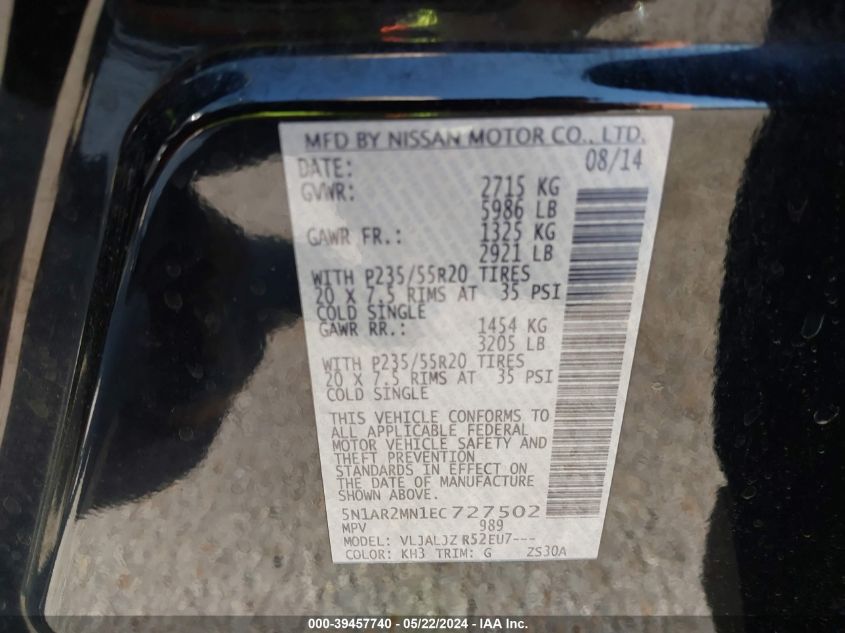 2014 Nissan Pathfinder Platinum VIN: 5N1AR2MN1EC727502 Lot: 39457740
