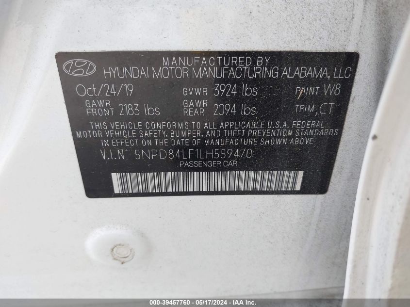 2020 Hyundai Elantra Sel VIN: 5NPD84LF1LH559470 Lot: 39457760