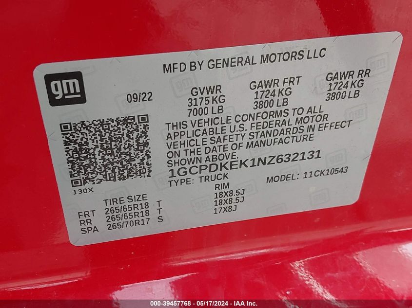 2022 Chevrolet Silverado 1500 4Wd Short Bed Lt With 2Fl VIN: 1GCPDKEK1NZ632131 Lot: 39457768