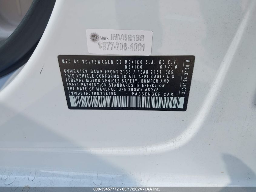2017 Volkswagen Jetta 1.4T Se VIN: 3VWDB7AJ7HM218258 Lot: 39457772