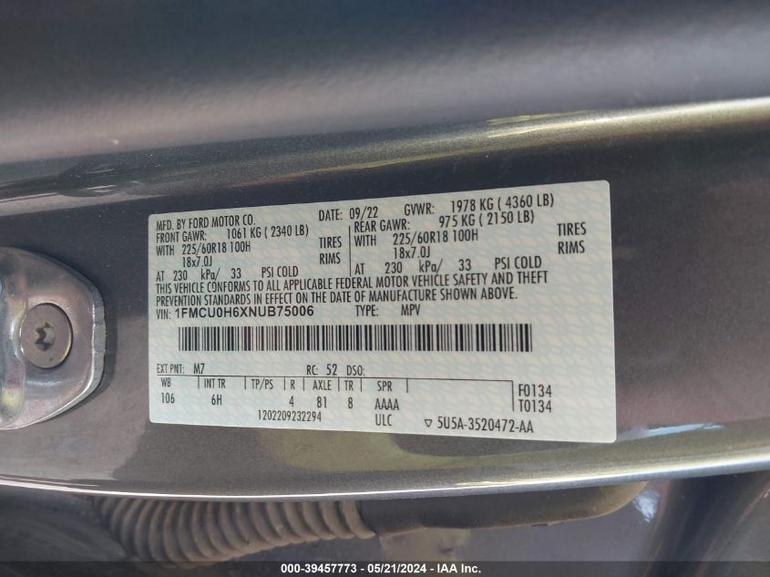 2022 Ford Escape Sel VIN: 1FMCU0H6XNUB75006 Lot: 39457773