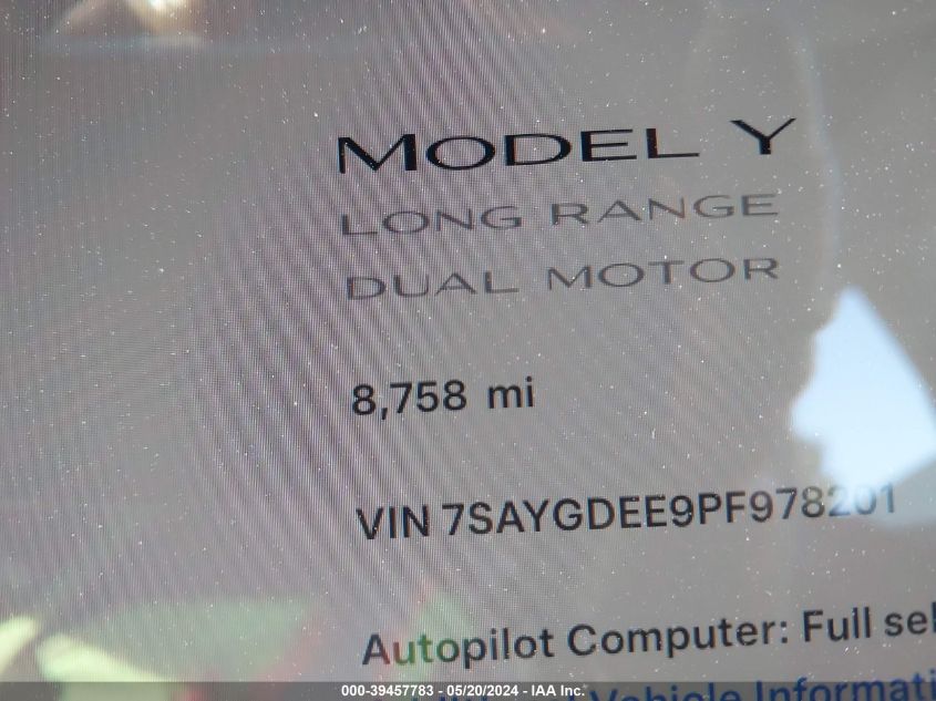 2023 Tesla Model Y Awd/Long Range Dual Motor All-Wheel Drive VIN: 7SAYGDEE9PF978201 Lot: 39457783