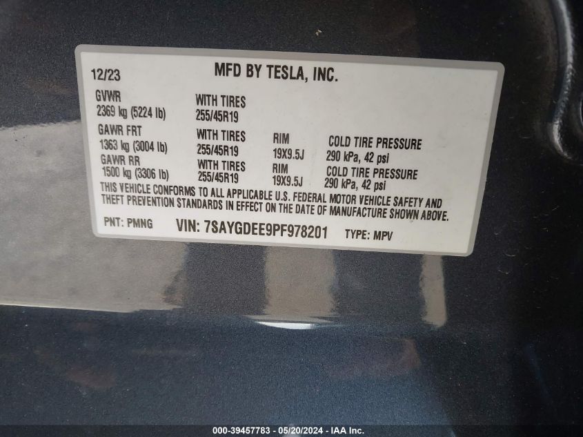2023 Tesla Model Y Awd/Long Range Dual Motor All-Wheel Drive VIN: 7SAYGDEE9PF978201 Lot: 39457783