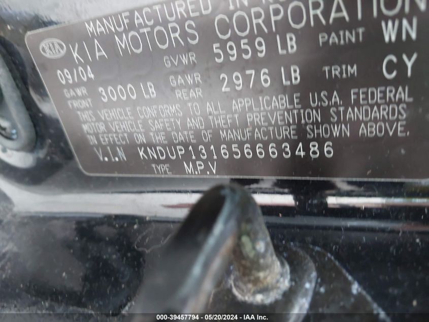 2005 Kia Sedona Ex/Lx VIN: KNDUP131656663486 Lot: 39457794