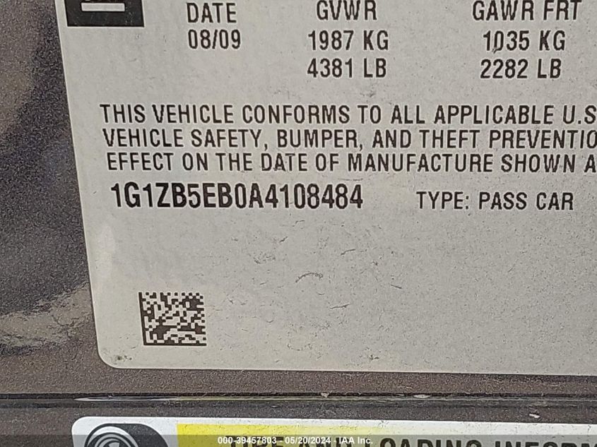 2010 Chevrolet Malibu Ls VIN: 1G1ZB5EB0A4108484 Lot: 39457803