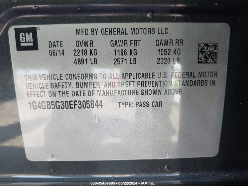 2014 Buick Lacrosse Leather Group VIN: 1G4GB5G30EF305844 Lot: 39457805