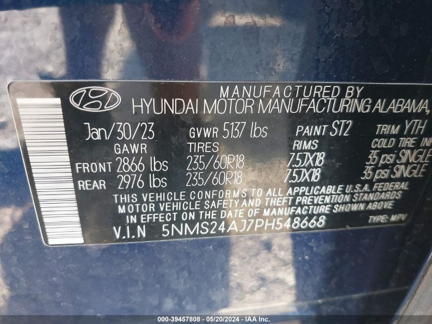 2023 Hyundai Santa Fe Sel VIN: 5NMS24AJ7PH548668 Lot: 39457808