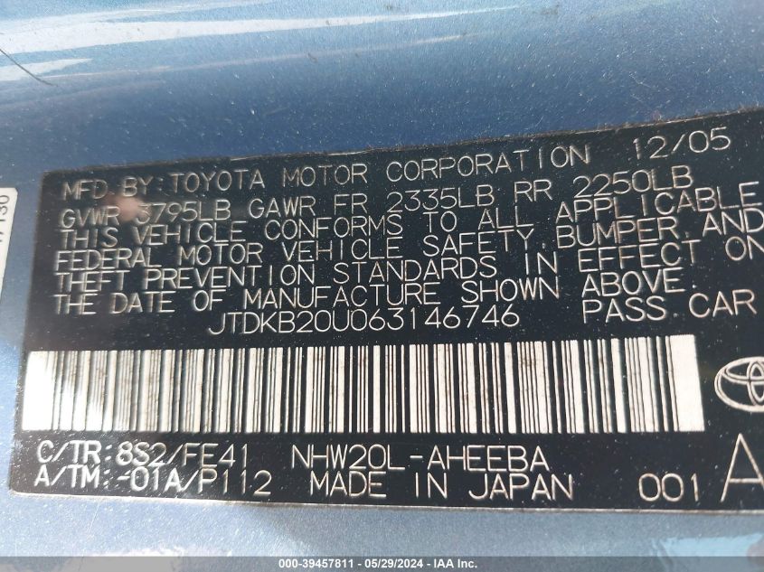 2006 Toyota Prius VIN: JTDKB20U063146746 Lot: 39457811