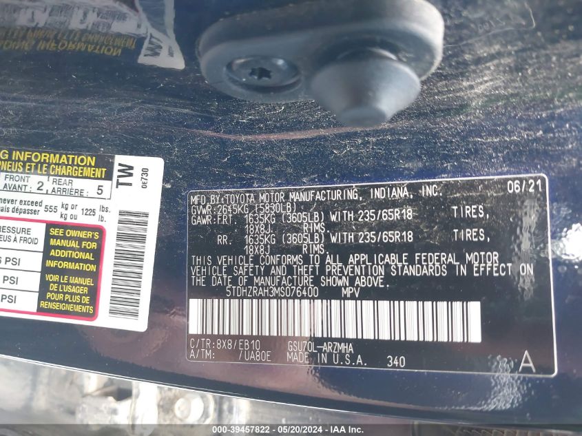 2021 Toyota Highlander Xle VIN: 5TDHZRAH3MS076400 Lot: 39457822