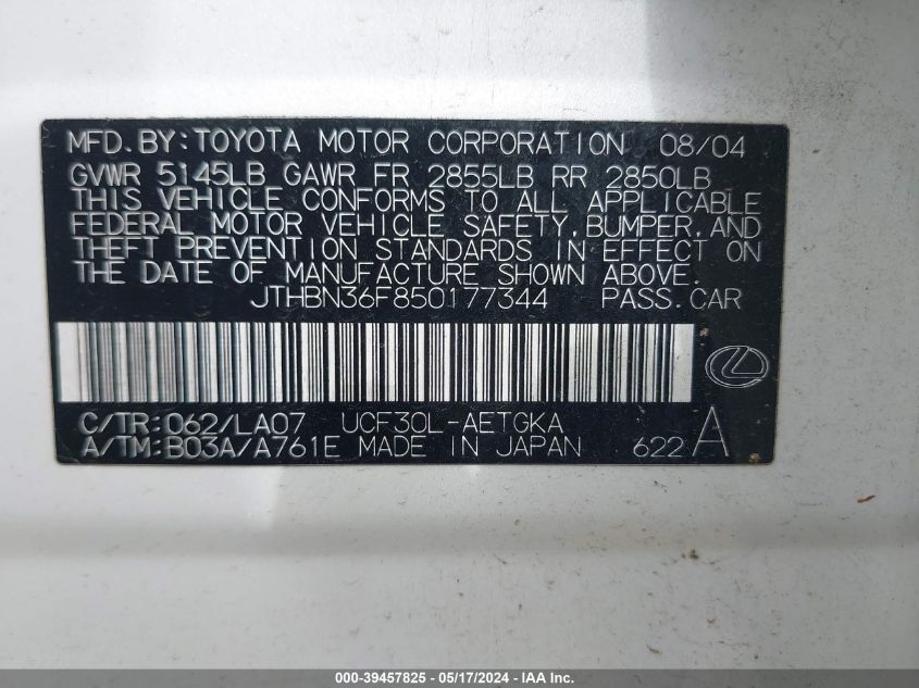 2005 Lexus Ls 430 VIN: JTHBN36F850177344 Lot: 39457825