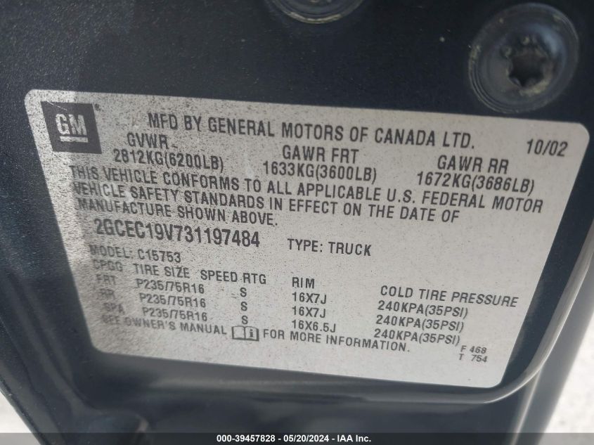 2003 Chevrolet Silverado 1500 Ls VIN: 2GCEC19V731197484 Lot: 39457828