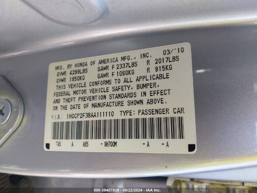 2010 Honda Accord 2.4 Lx VIN: 1HGCP2F38AA111110 Lot: 39457839