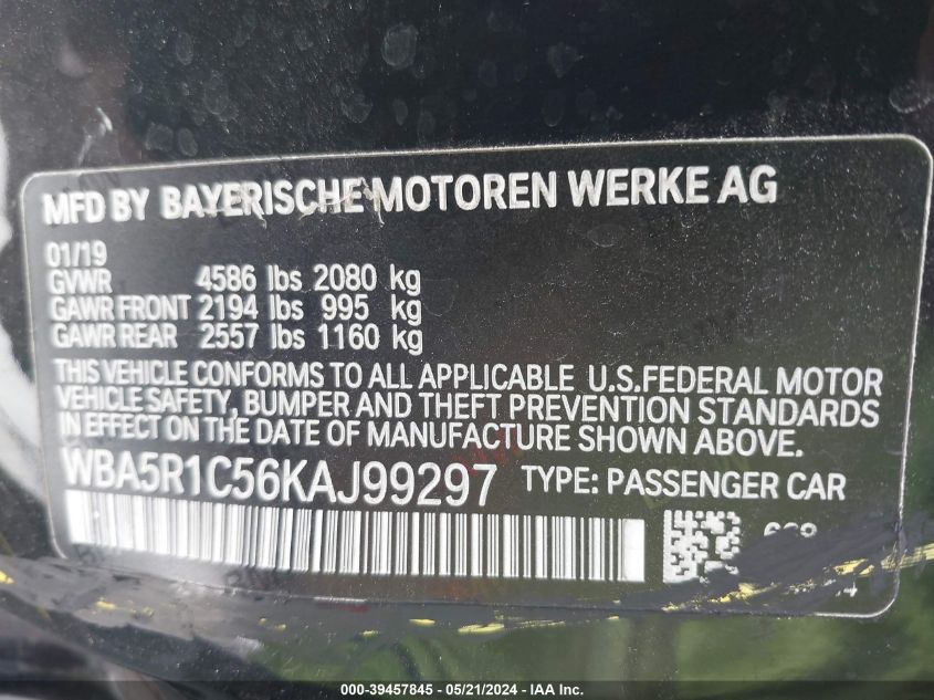 2019 BMW 330I VIN: WBA5R1C56KAJ99297 Lot: 39457845