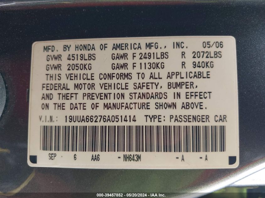 2006 Acura Tl VIN: 19UUA66276A051414 Lot: 39457852