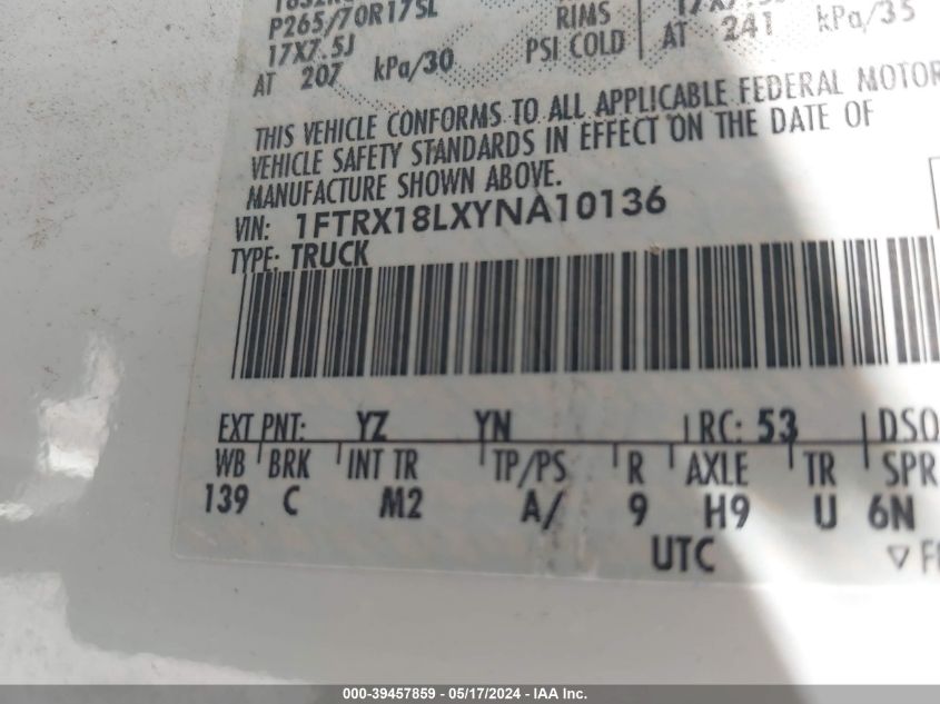 2000 Ford F-150 Lariat/Work Series/Xl/Xlt VIN: 1FTRX18LXYNA10136 Lot: 39457859