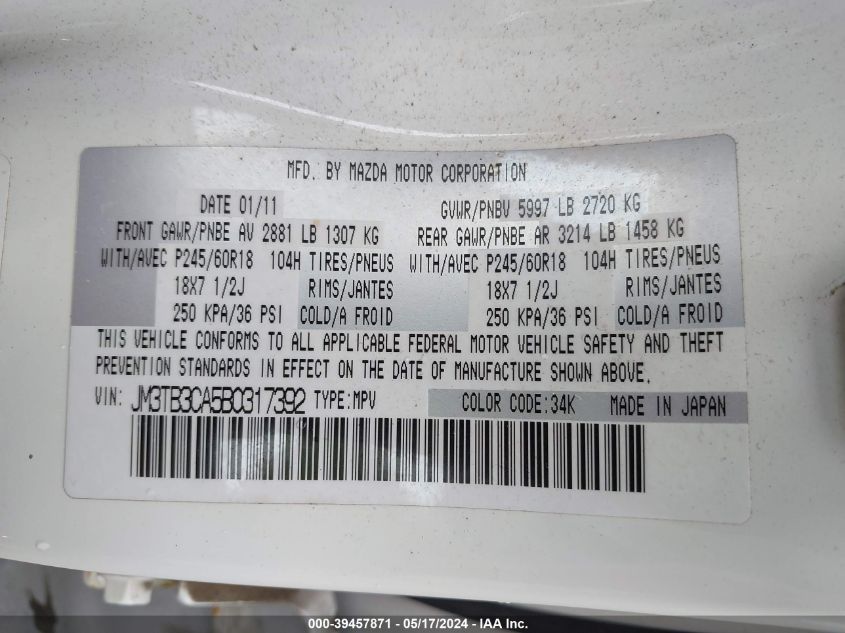 2011 Mazda Cx-9 Touring VIN: JM3TB3CA5B0317392 Lot: 39457871