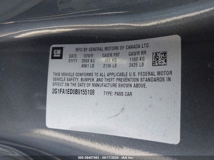 2011 Chevrolet Camaro 2Ls VIN: 2G1FA1ED0B9155108 Lot: 39457883