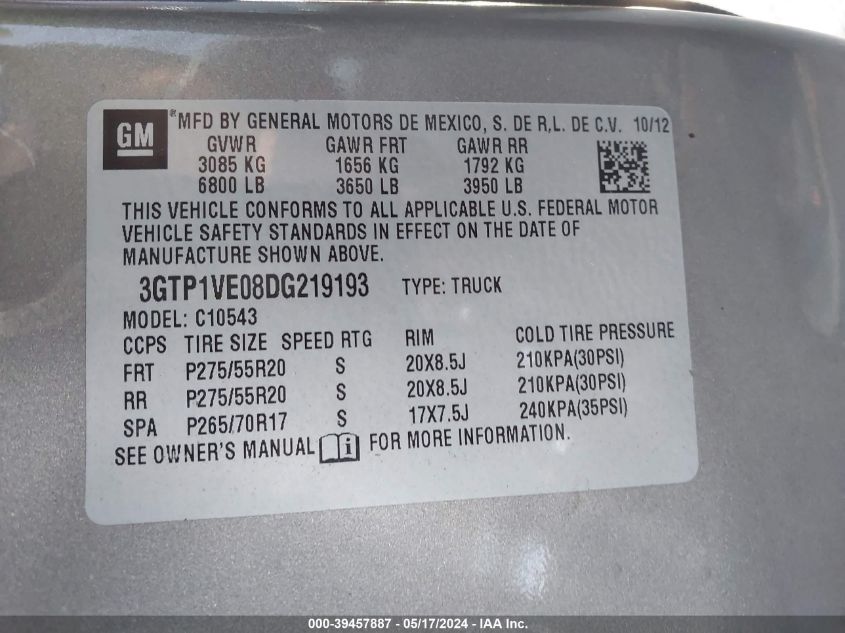 2013 GMC Sierra 1500 Sle VIN: 3GTP1VE08DG219193 Lot: 39457887