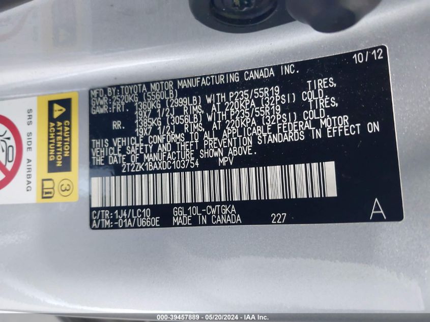 2013 Lexus Rx 350 VIN: 2T2ZK1BAXDC103754 Lot: 39457889