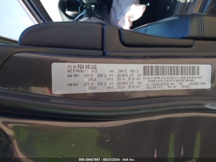 2019 Jeep Grand Cherokee Laredo E 4X2 VIN: 1C4RJEAG1KC752403 Lot: 39457897