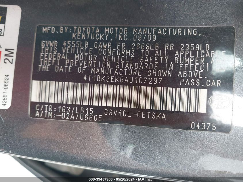 2010 Toyota Camry Se V6 VIN: 4T1BK3EK6AU107297 Lot: 39457903