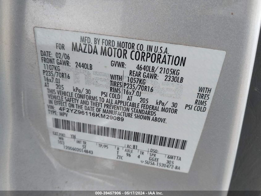 2006 Mazda Tribute S VIN: 4F2YZ96116KM29089 Lot: 39457906
