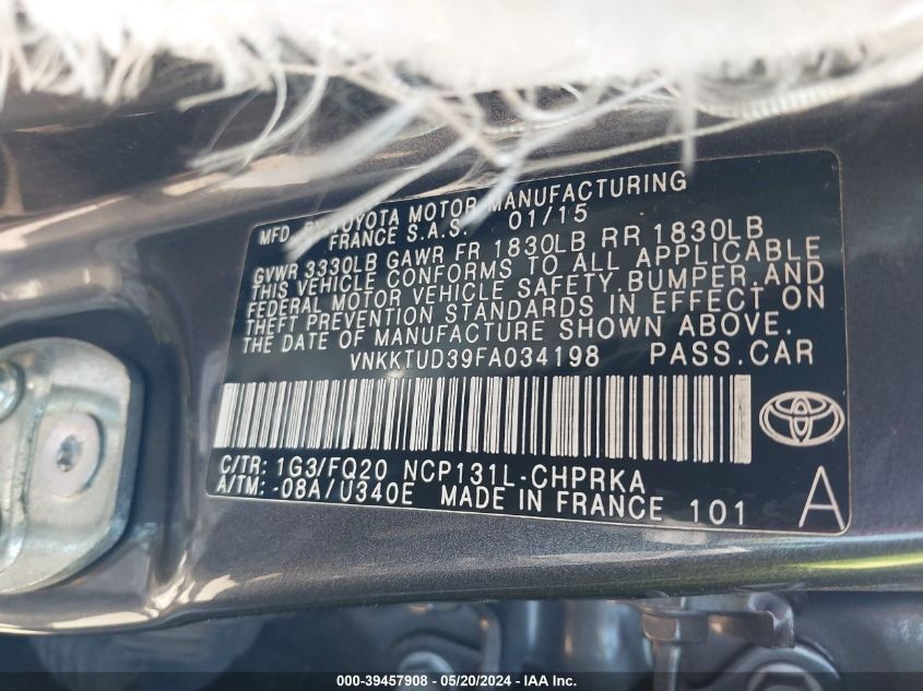 2015 Toyota Yaris L VIN: VNKKTUD39FA034198 Lot: 39457908