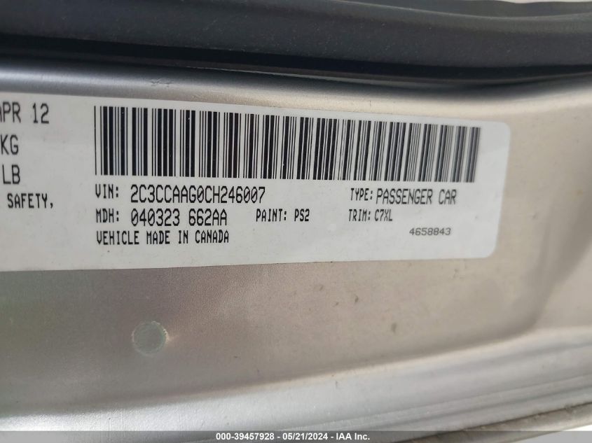 2012 Chrysler 300 VIN: 2C3CCAAG0CH246007 Lot: 39457928