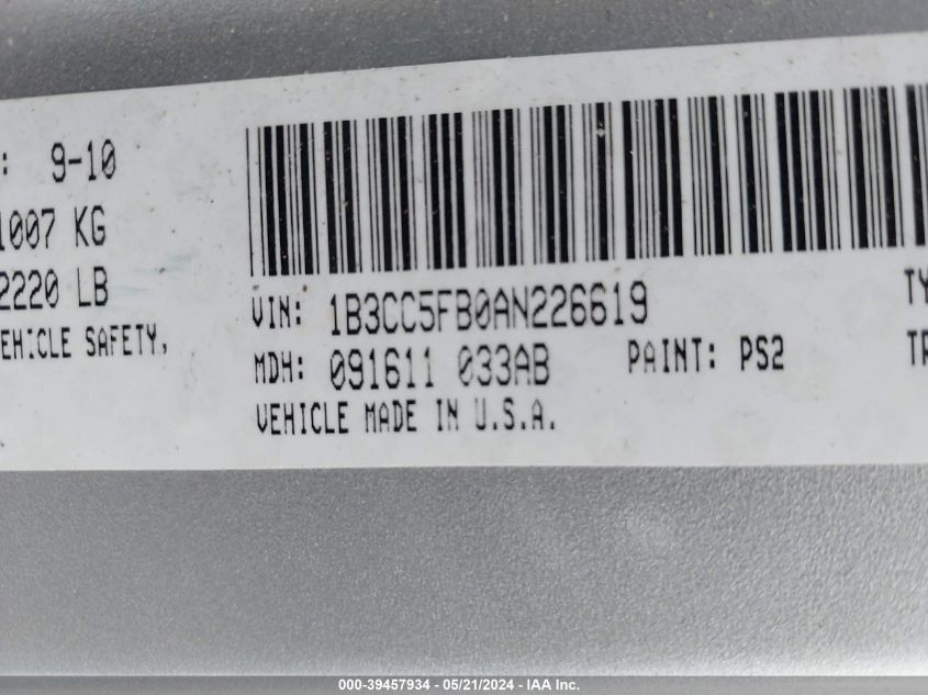 2010 Dodge Avenger R/T VIN: 1B3CC5FB0AN226619 Lot: 39457934