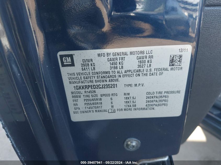 2012 GMC Acadia Sle VIN: 1GKKRPED2CJ235201 Lot: 39457941