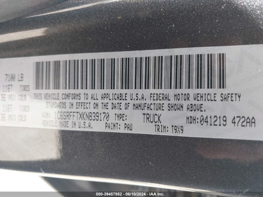 2019 Ram 1500 Big Horn/Lone Star 4X4 5'7 Box VIN: 1C6SRFFTXKN839170 Lot: 39457952