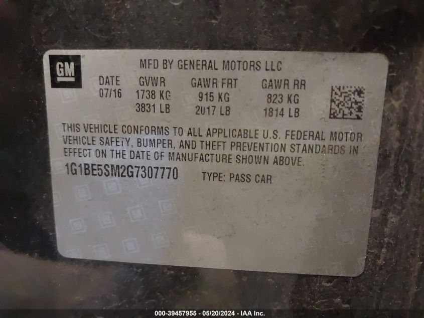2016 Chevrolet Cruze Lt Auto VIN: 1G1BE5SM2G7307770 Lot: 39457955